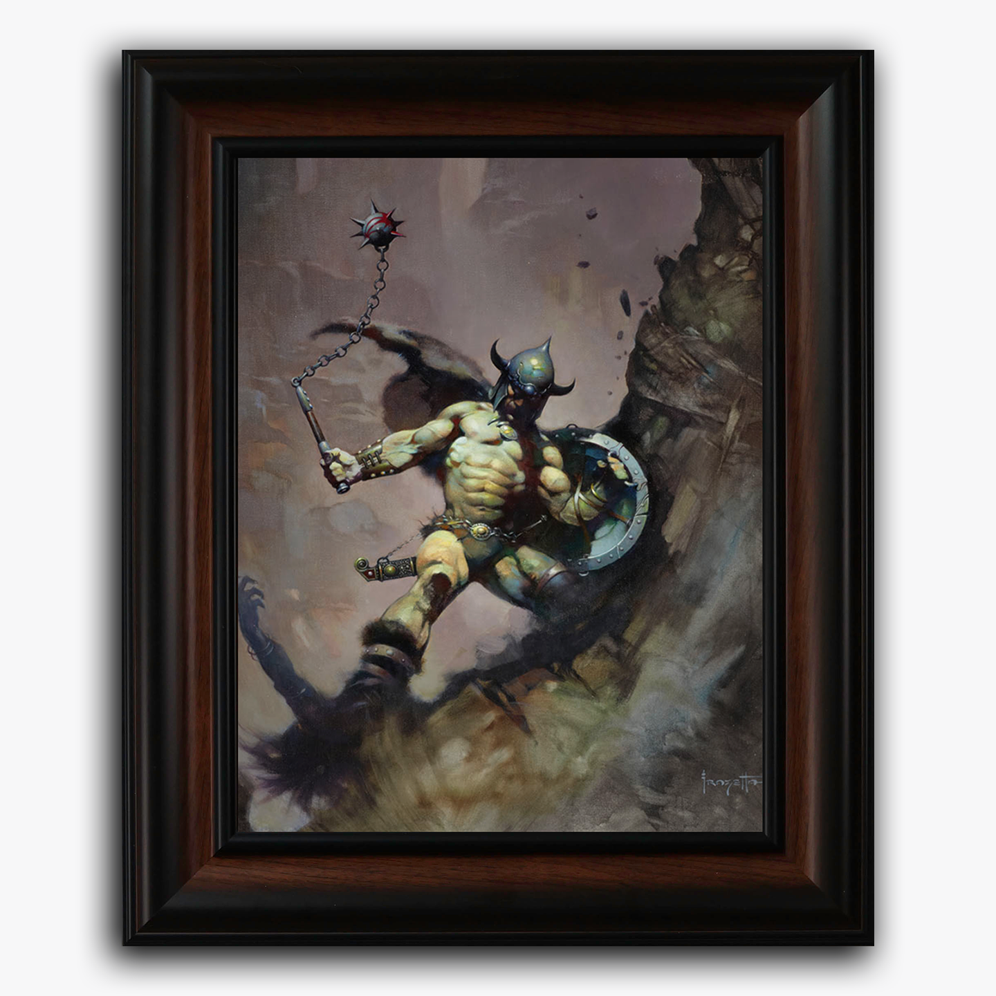 Framed fine art print of Frank Frazetta’s “Warrior with Ball and Chain,” depicting a muscular, horned figure charging forward with a mace.