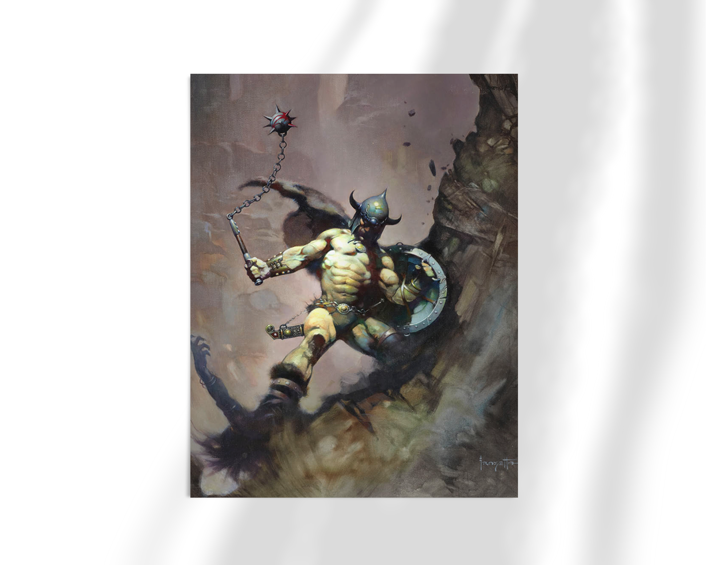 Unframed fine art print of “Warrior with Ball and Chain” by Frazetta, showcasing dynamic movement and power against a stormy, battle-worn backdrop.
