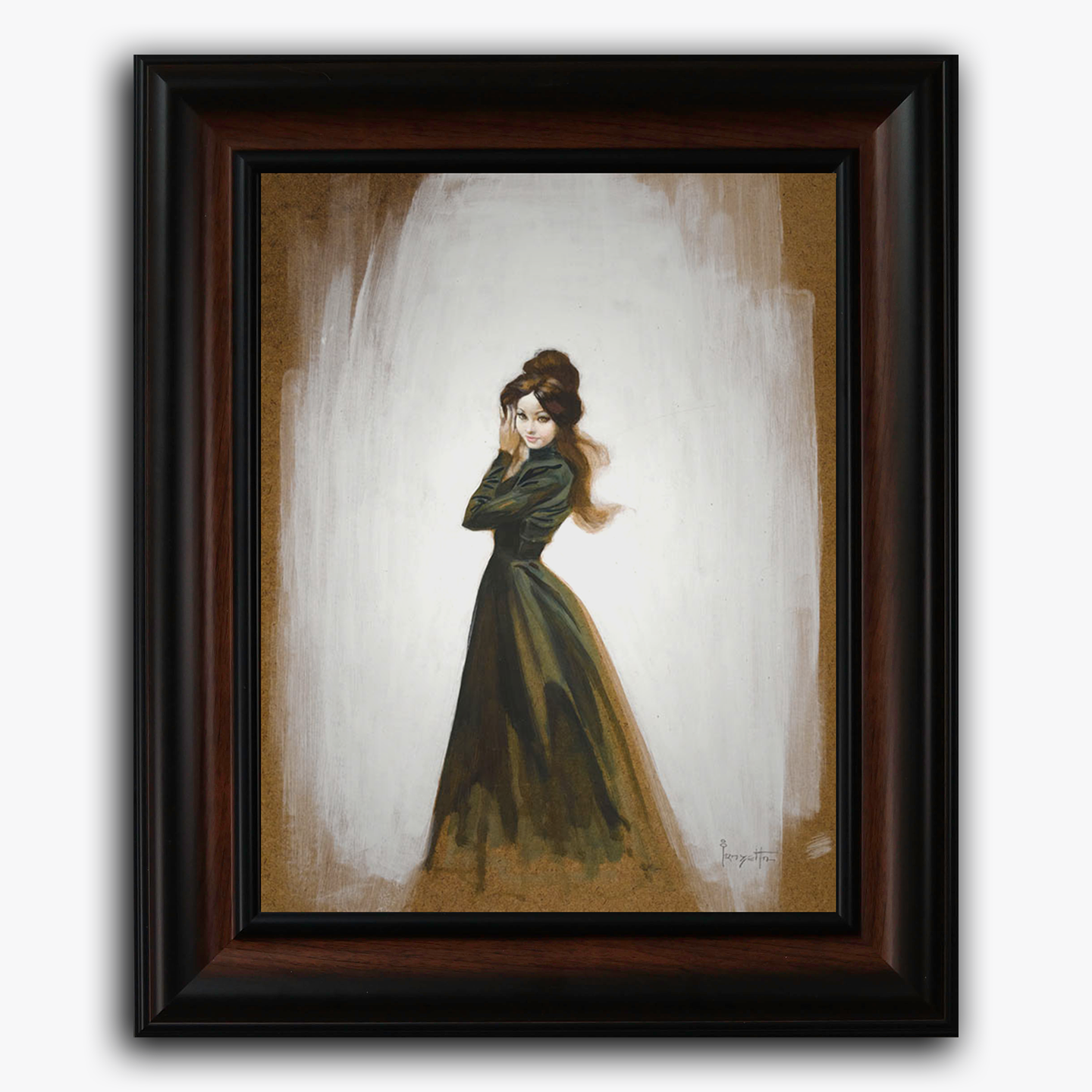 Framed fine art print of Frank Frazetta’s Woman in Black, depicting a poised woman in a flowing dark gown standing against a softly textured, neutral backdrop. Her expression is calm yet mysterious, evoking a sense of vintage elegance and introspection.