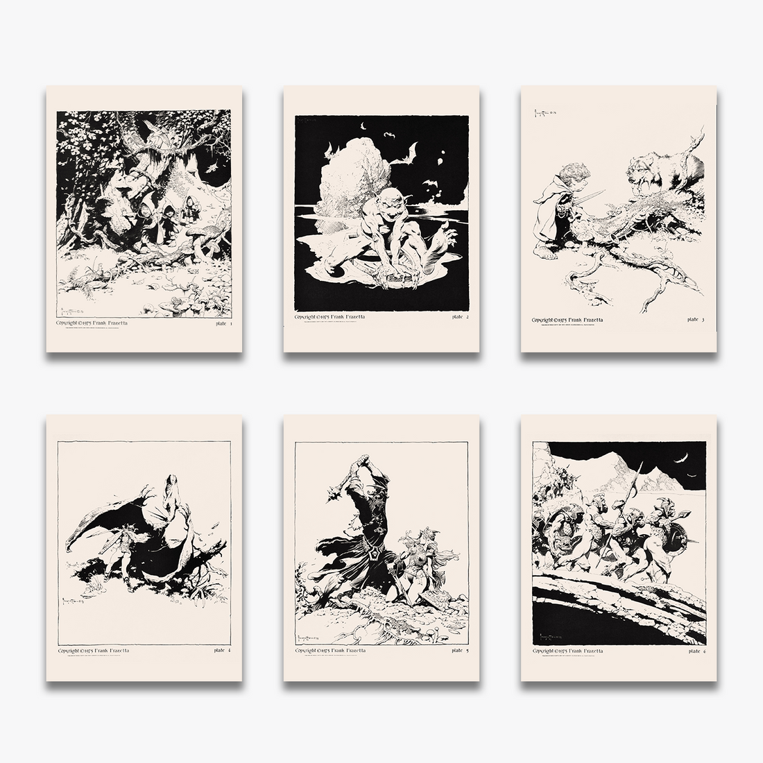 Frank Frazetta’s Lord of the Rings Artwork – Six Panel Portfolio Featuring Gandalf, Orcs, Gollum, and Iconic Middle-earth Battles