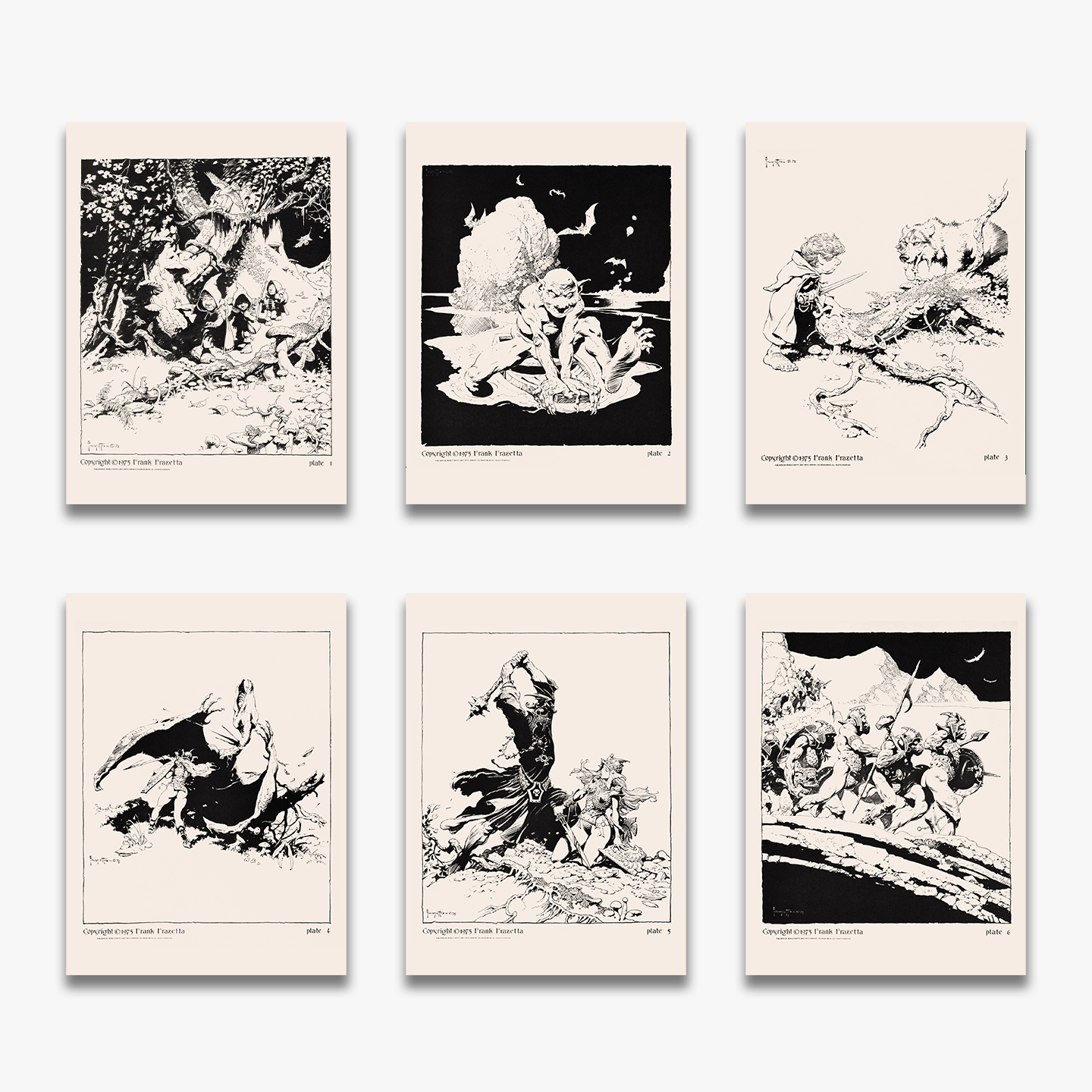 Frank Frazetta’s Lord of the Rings Artwork – Six Panel Portfolio Featuring Gandalf, Orcs, Gollum, and Iconic Middle-earth Battles