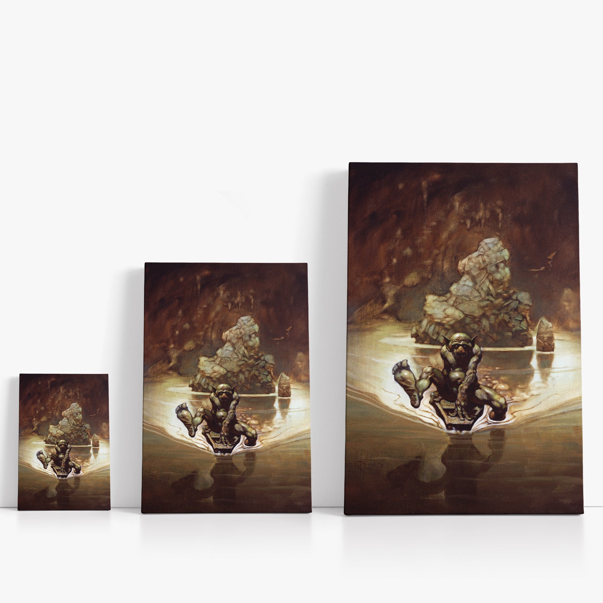 Three wrap-around canvas prints of Frazetta’s Gollum in different sizes, showcasing the artwork with mirror-wrapped edges for a seamless, dimensional look.