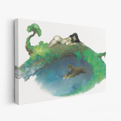 A canvas print of Frazetta’s Hide and Seek hung on a white wall, showcasing the artwork with mirror-wrapped edges for a seamless, dimensional look.