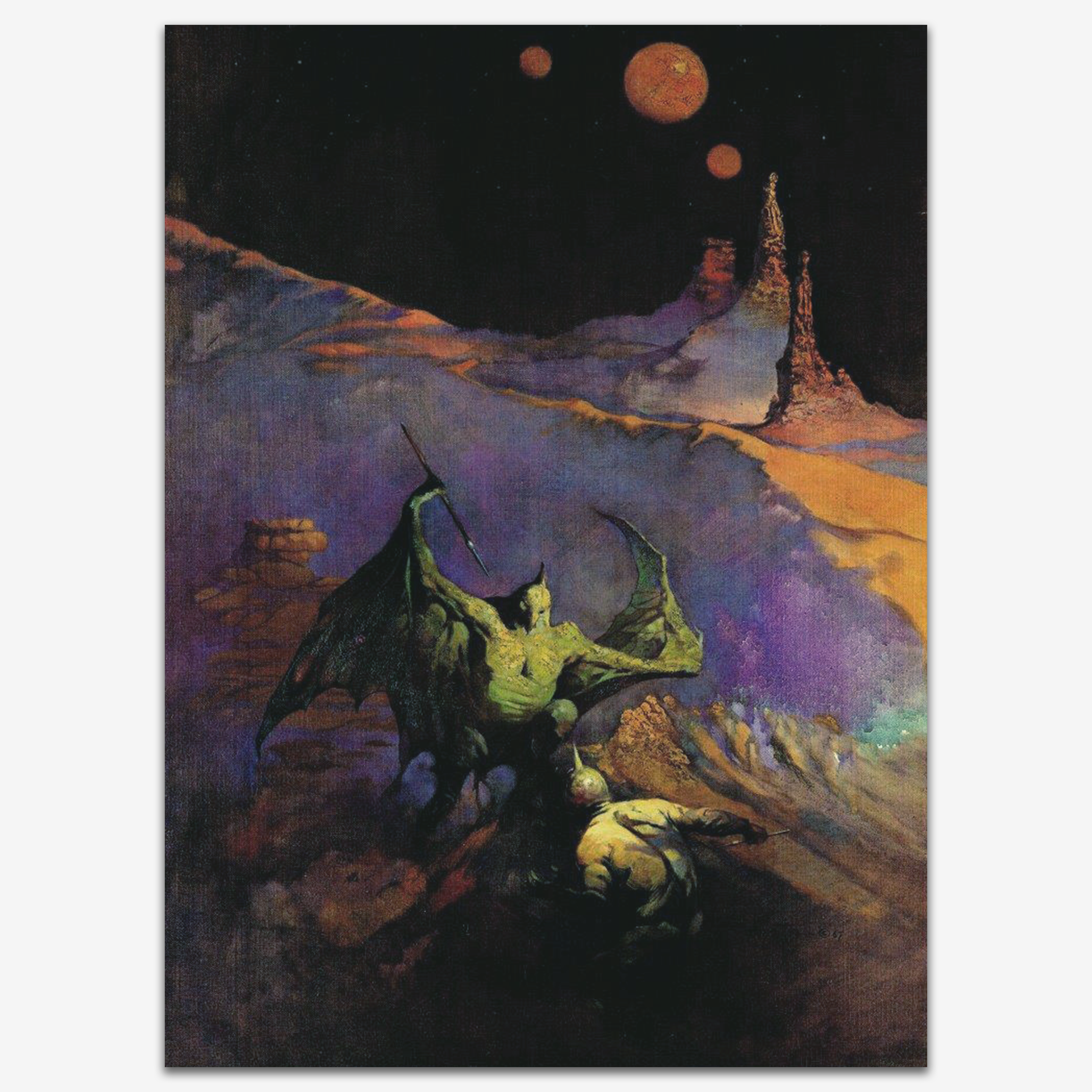 Vintage print depicting a winged creature in a battle with a man on an eerie planet.