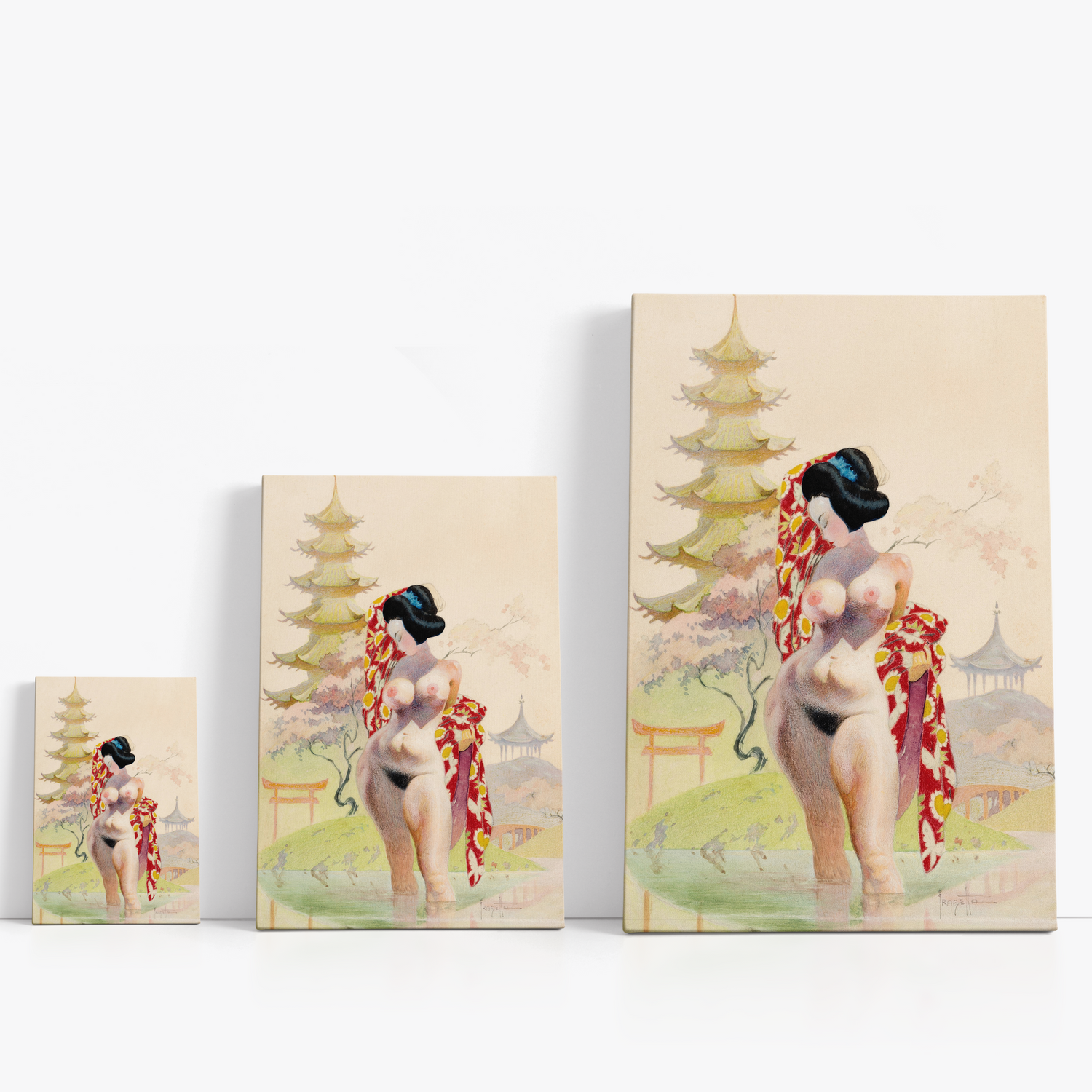 Three wrap-around canvas prints of Frazetta’s Jade Green and Soft Ivory in different sizes, showcasing the artwork with mirror-wrapped edges for a seamless, dimensional look.