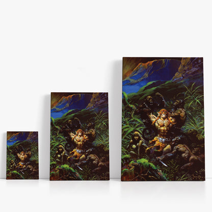 Three wrap-around canvas prints of Frazetta’s Jaguar God I in different sizes, showcasing the artwork with mirror-wrapped edges for a seamless, dimensional look.