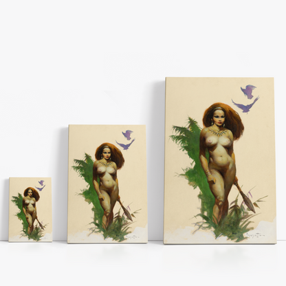 Three wrap-around canvas prints of Frazetta’s Jungle Woman in different sizes, showcasing the artwork with mirror-wrapped edges for a seamless, dimensional look.