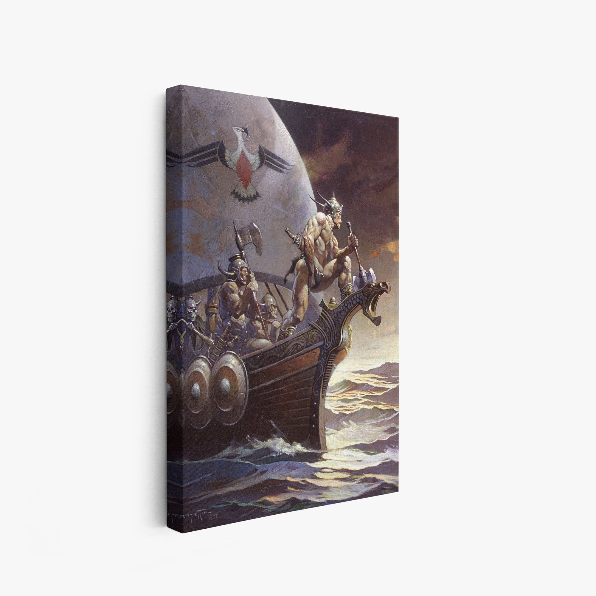 A canvas print of Frazetta’s Kane on the Golden Sea hung on a white wall, showcasing the artwork with mirror-wrapped edges for a seamless, dimensional look.
