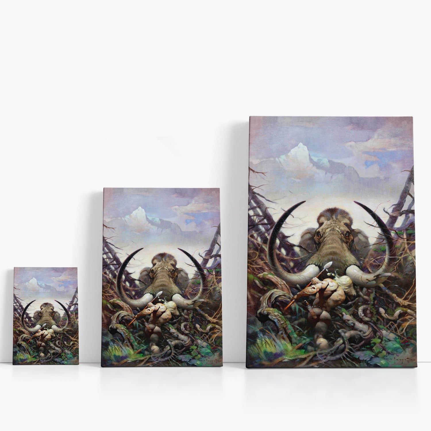 Three wrap-around canvas prints of Frazetta’s Mammoth in different sizes, showcasing the artwork with mirror-wrapped edges for a seamless, dimensional look.