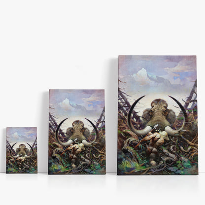 Three wrap-around canvas prints of Frazetta’s Mammoth in different sizes, showcasing the artwork with mirror-wrapped edges for a seamless, dimensional look.