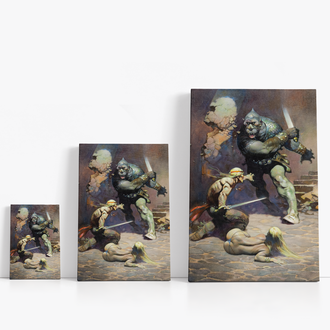 Three wrap-around canvas prints of Frazetta’s Moon Men in different sizes, showcasing the artwork with mirror-wrapped edges for a seamless, dimensional look.
