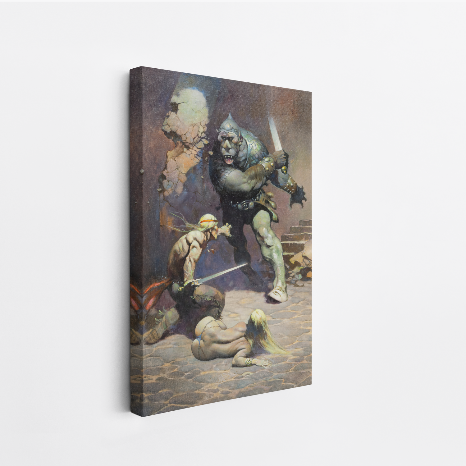 A canvas print of Frazetta’s Moon Men hung on a white wall, showcasing the artwork with mirror-wrapped edges for a seamless, dimensional look.