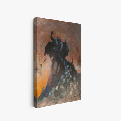 A canvas print of Frazetta’s Night on Bald Mountain hung on a white wall, showcasing the artwork with mirror-wrapped edges for a seamless, dimensional look.