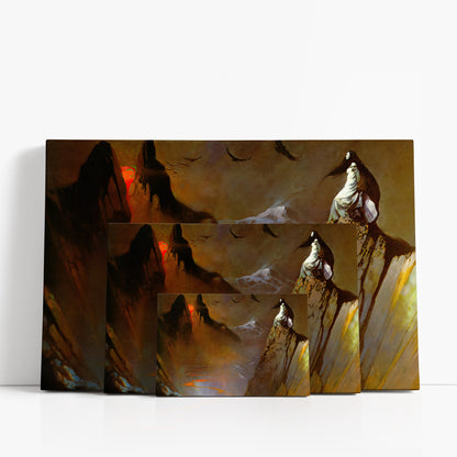 Three wrap-around canvas prints of Frazetta’s Red Moon, Black Mountain in different sizes, showcasing the artwork with mirror-wrapped edges for a seamless, dimensional look.