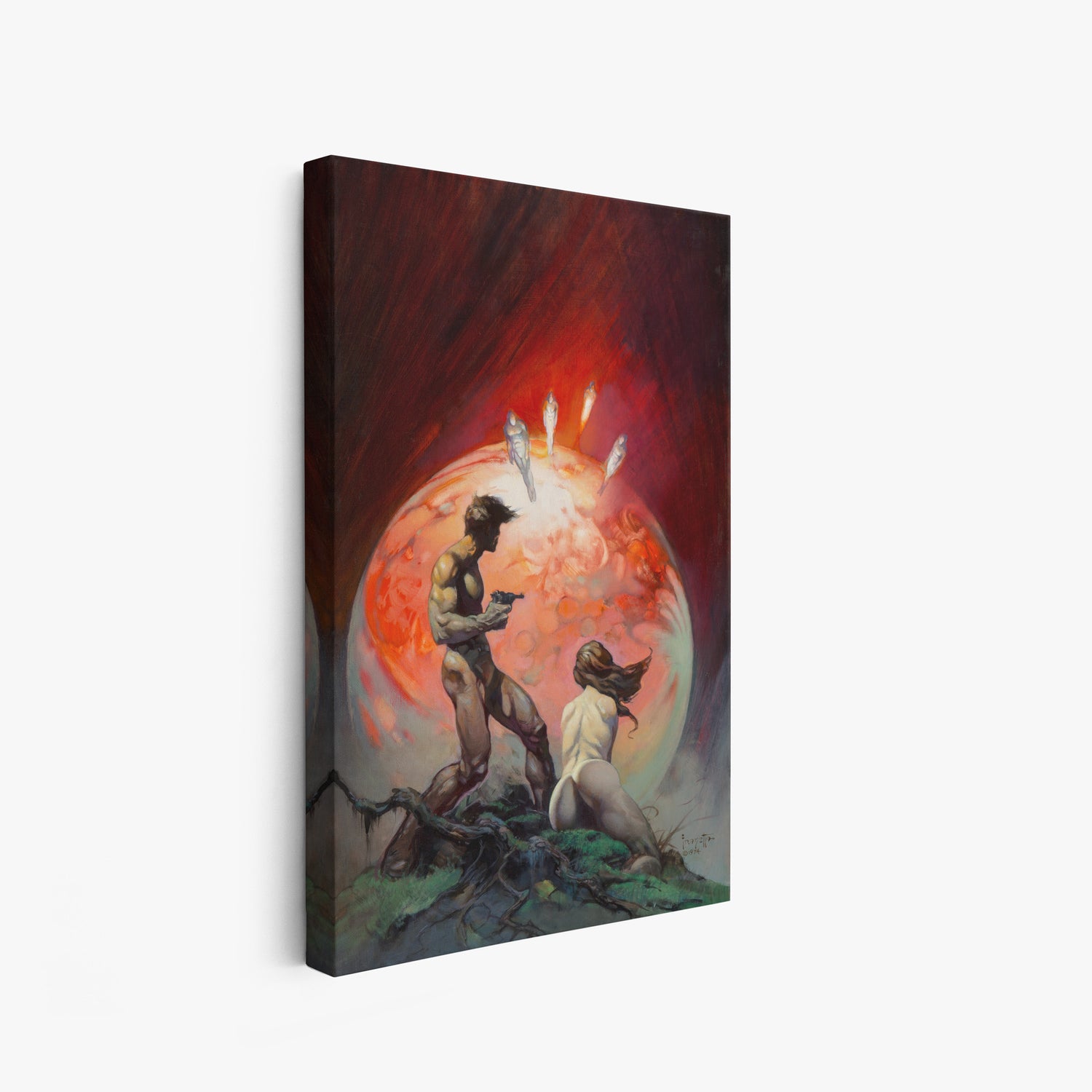 A canvas print of Frazetta’s Red Planet hung on a white wall, showcasing the artwork with mirror-wrapped edges for a seamless, dimensional look.