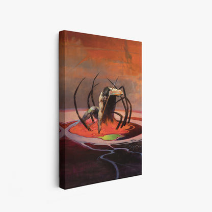 A canvas print of Frazetta’s Atlantis hung on a white wall, showcasing the artwork with mirror-wrapped edges for a seamless, dimensional look.