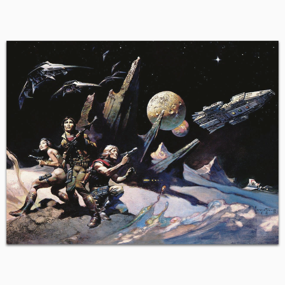 Vintage print of Attack by Frank Frazetta, depicting a dynamic sci-fi battle scene with warriors engaging in combat on an alien terrain under a moonlit sky.