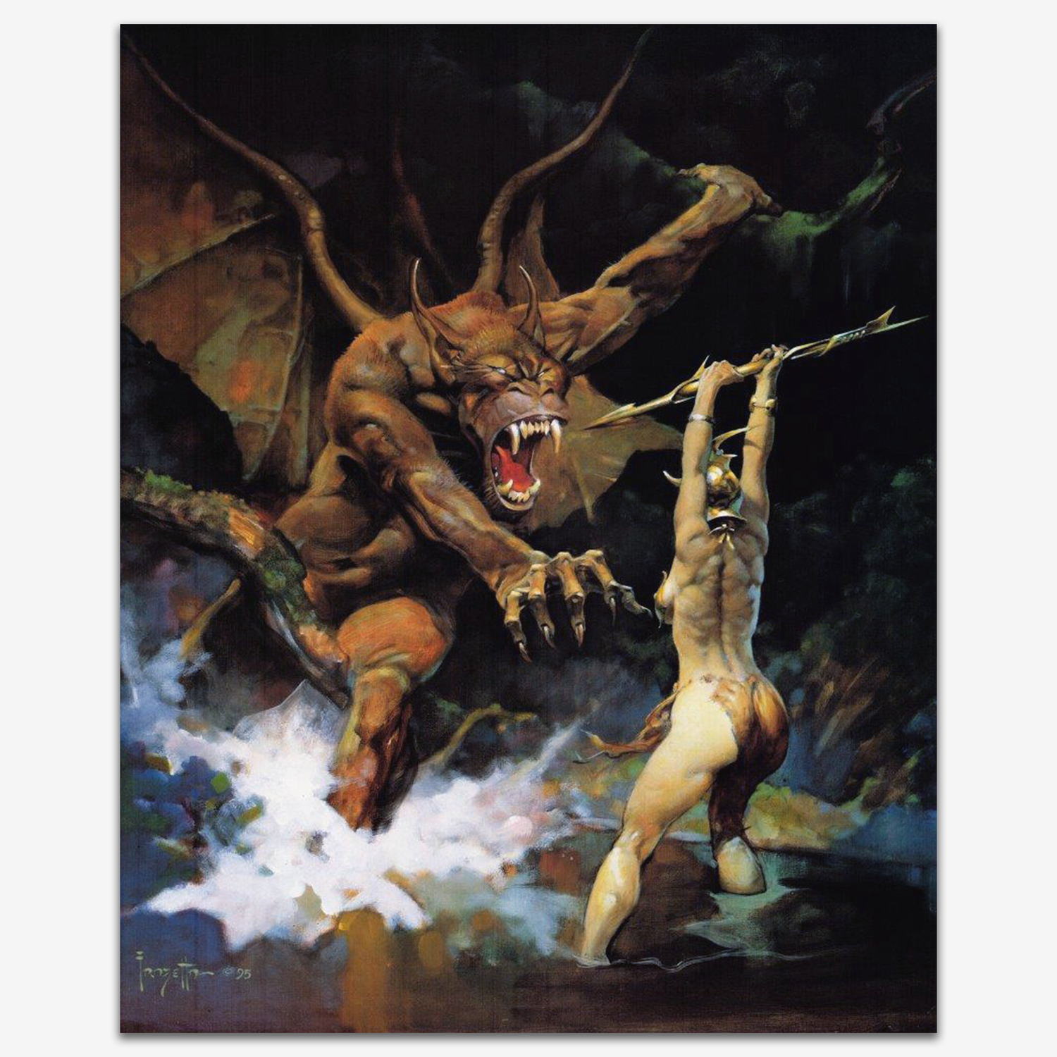 Vintage print of Beauty and the Beast by Frank Frazetta, featuring a fierce, monstrous creature lunging toward a graceful, golden-haired woman, set against a dark and dramatic fantasy landscape.