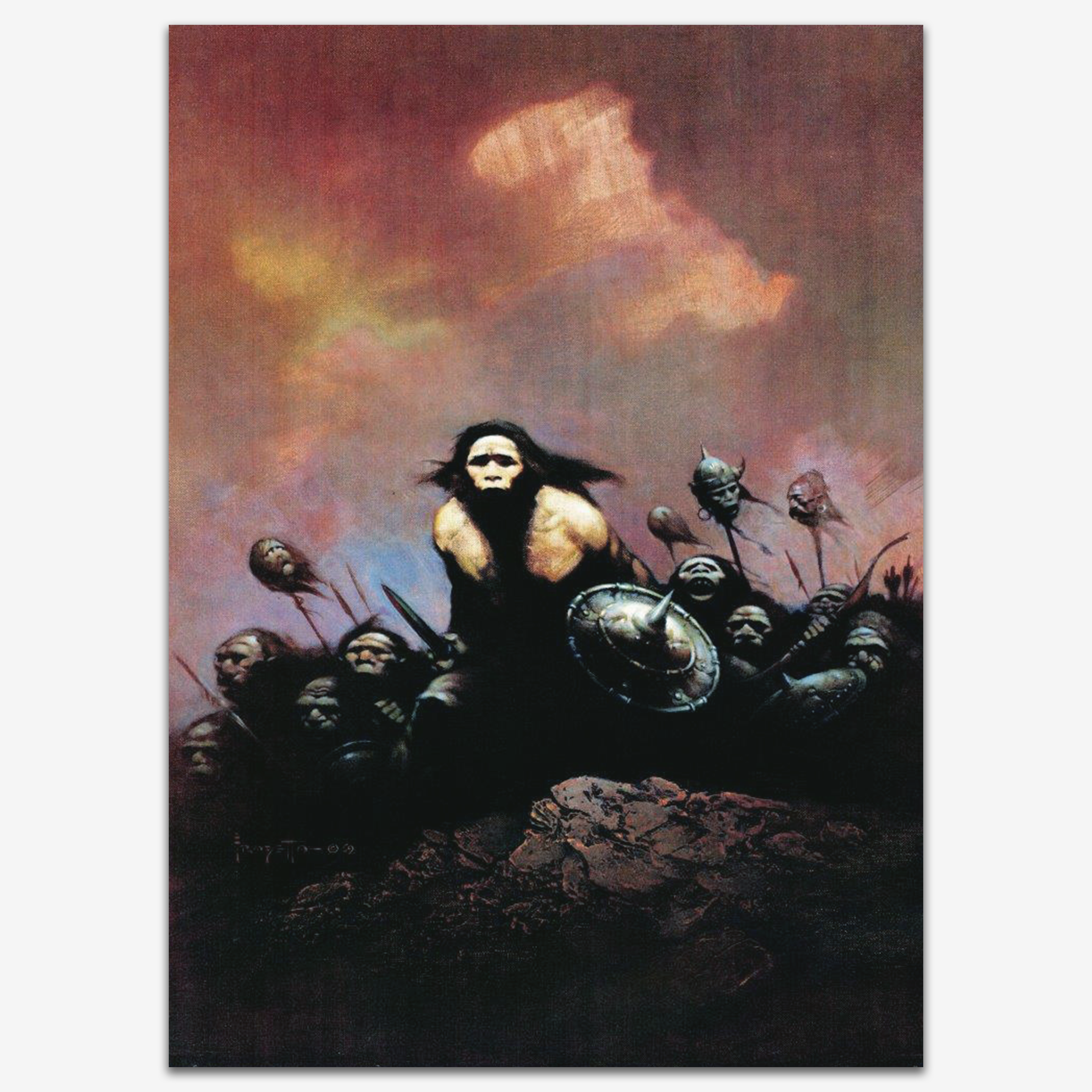 Vintage print by Frank Frazetta, showcasing the mighty warrior king. The composition captures Bran as he stands defiantly, gazing into the distance with a fierce, commanding presence. The dark tones contrast with the vivid energy of the battle around him, evoking a sense of primal power and resolve.