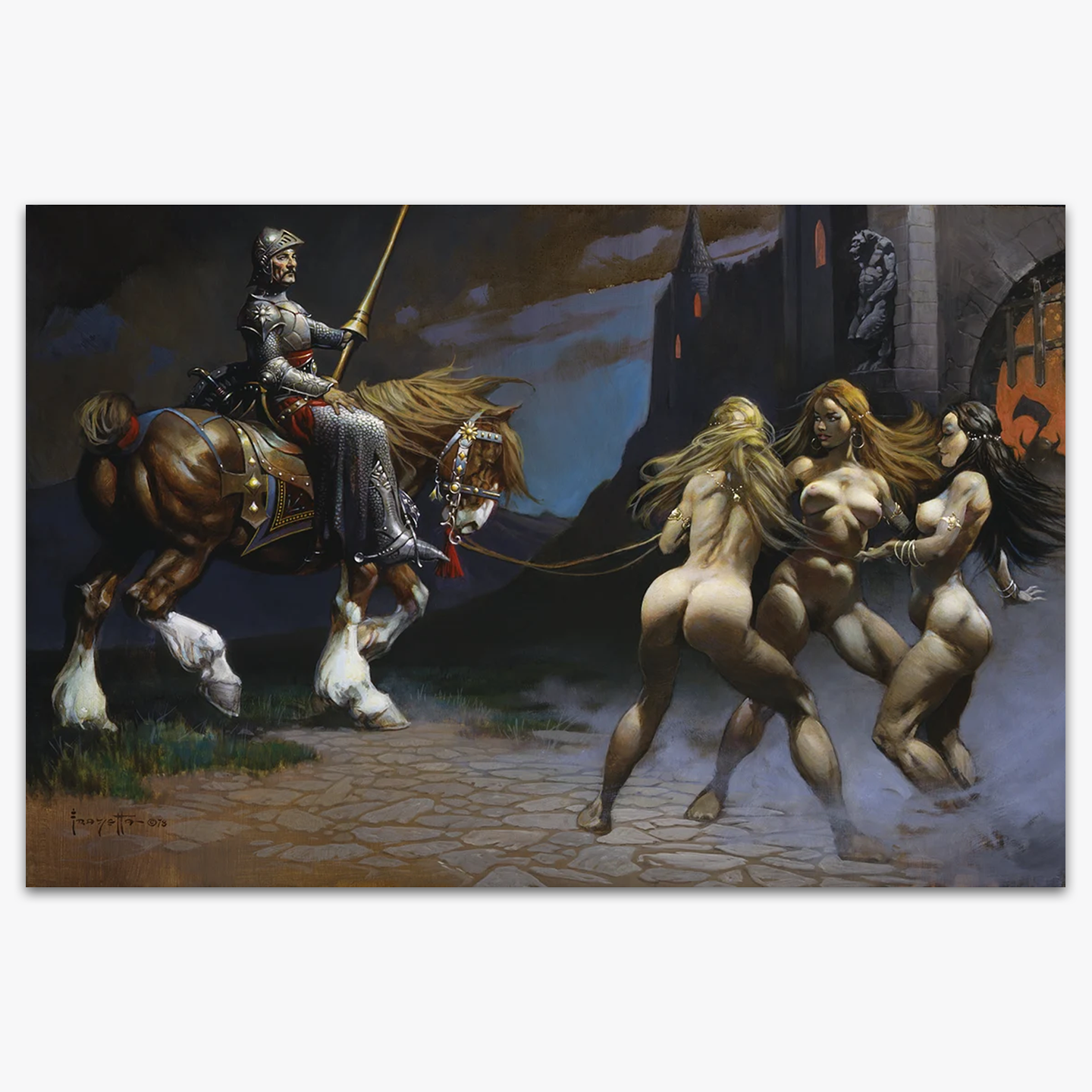 Vintage print of Castle of Sin by Frank Frazetta, depicting a warrior on horseback confronting a group of alluring yet menacing figures outside a dark and foreboding castle.
