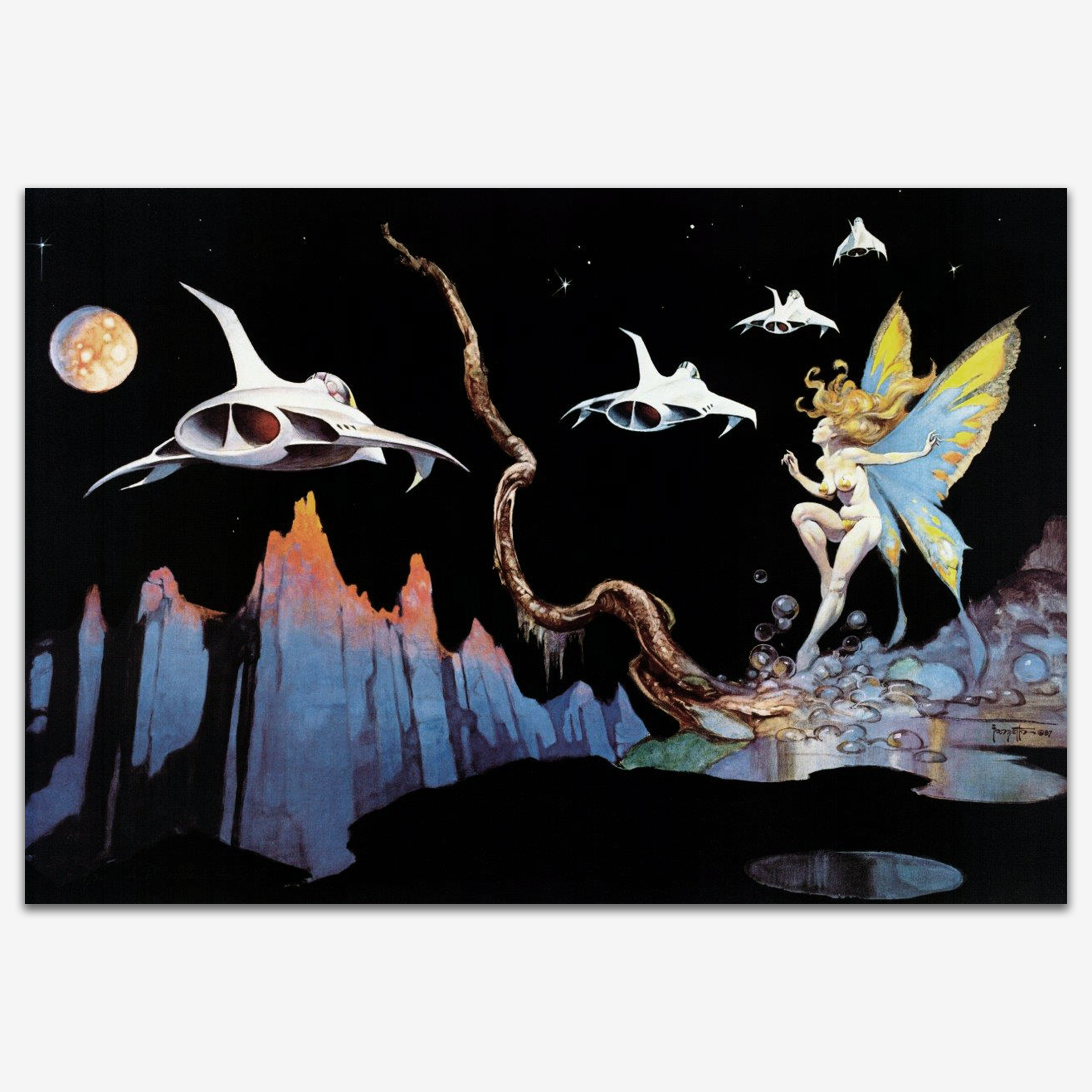 Vintage print of &quot;Dream Flight&quot; by Frank Frazetta, depicting a fantastical scene of a winged figure soaring above a surreal, otherworldly landscape with mysterious spacecraft in the background, printed on high-quality linen paper.