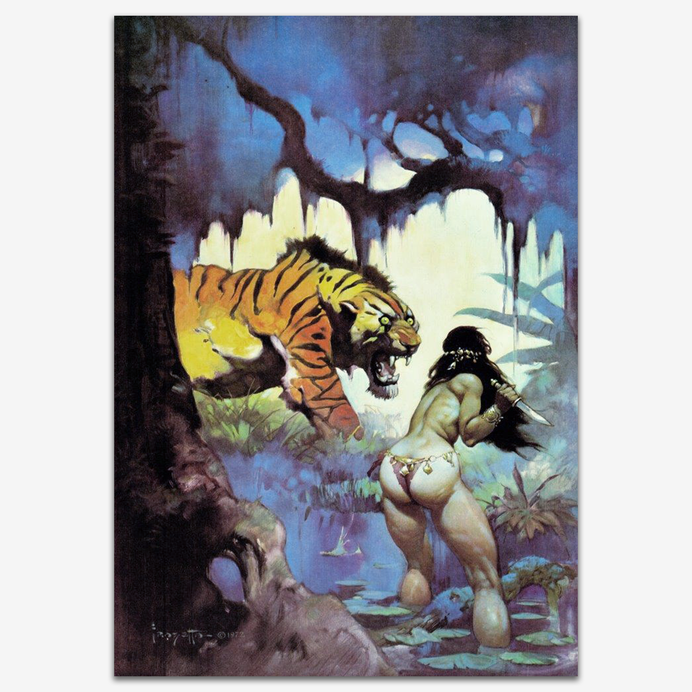 Vintage print of Escape on Venus by Frank Frazetta, featuring a dramatic jungle scene where a fierce tiger stalks a woman, set against a mysterious alien backdrop.