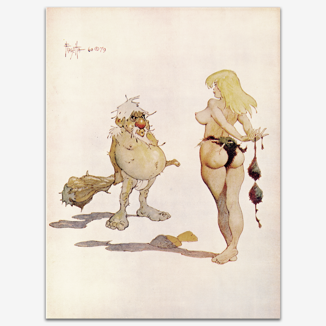 Vintage print of Eve by Frank Frazetta, depicting a playful yet mischievous take on the biblical story, featuring a voluptuous Eve walking away with an apple while a goblin-like creature watches in surprise.