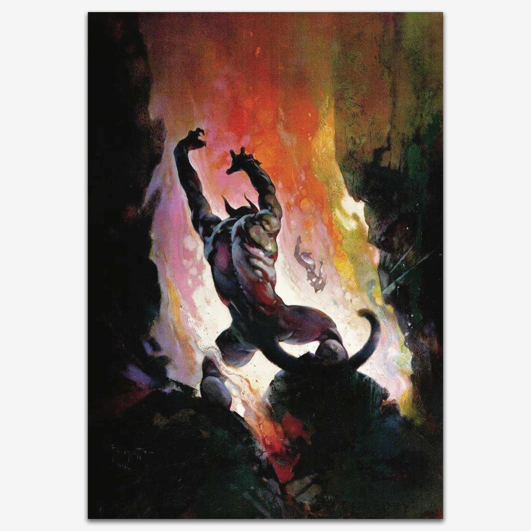 Vintage print of Fire Demon by Frank Frazetta, depicting a towering, muscular demon engulfed in flames as it emerges from a fiery abyss, its sharp claws and menacing posture evoking a sense of unstoppable power.