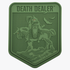 Olive green tactical Death Dealer patch featuring an embossed warrior on horseback, inspired by Frank Frazetta’s fantasy artwork