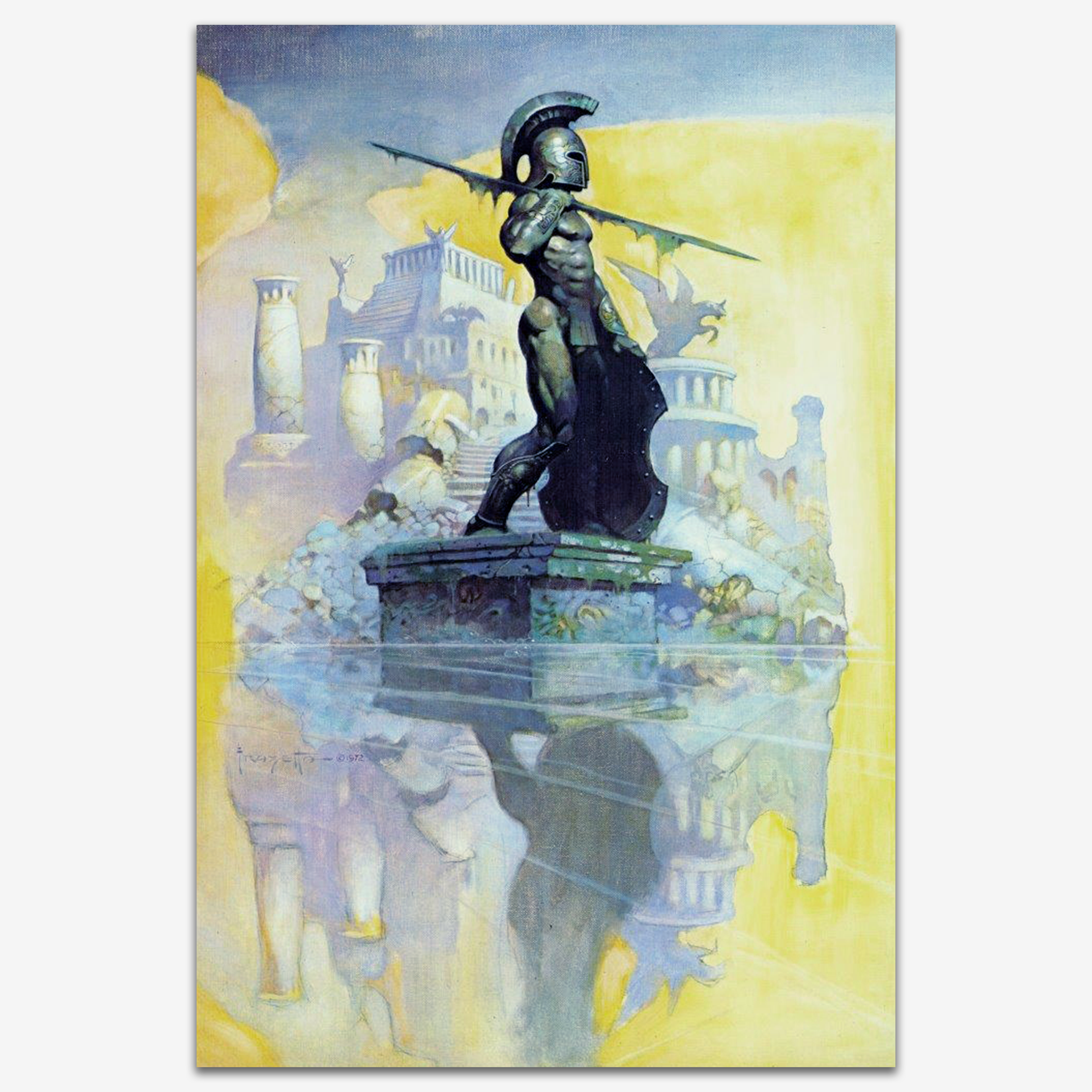 A vintage print of Atlantis by Frank Frazetta, featuring a warrior standing atop ancient ruins, gazing over the misty waters of a lost civilization.