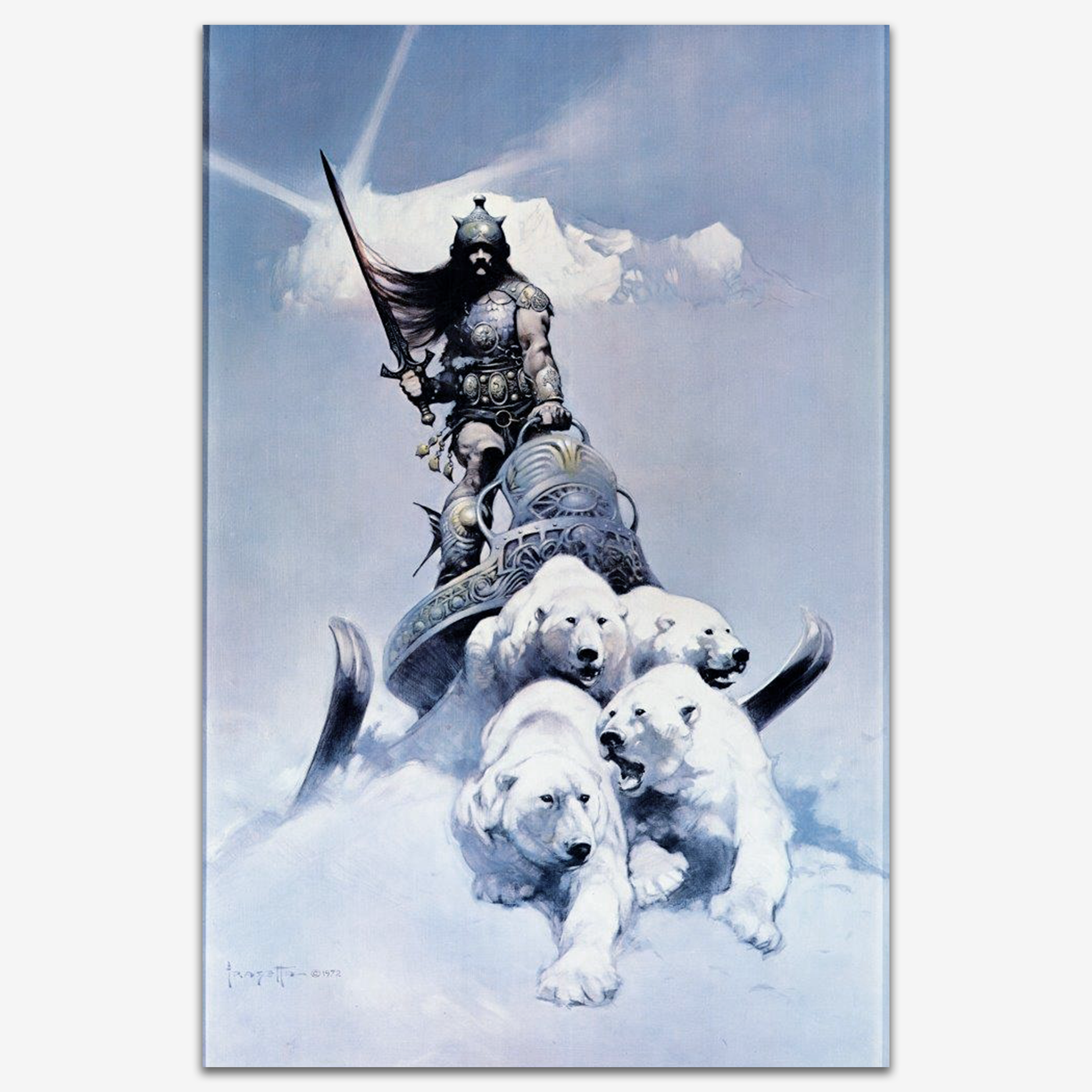A vintage print of Silver Warrior by Frank Frazetta, featuring a powerful armored warrior wielding a spear while riding a sled pulled by ferocious polar bears across a frozen landscape.