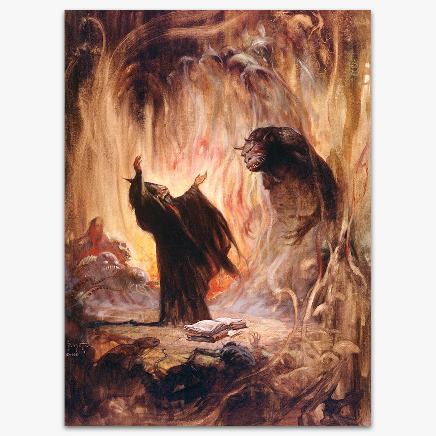 A vintage print of Sorcerer by Frank Frazetta, depicting a cloaked figure conjuring mystical energy in a dark, cavernous setting, with a monstrous creature lurking nearby.