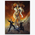 Vintage print of "From Dusk Till Dawn" by Frank Frazetta, featuring a towering, ethereal vampire woman with flowing hair, surrounded by action-packed gunfighters, set against a dramatic, fiery background.
