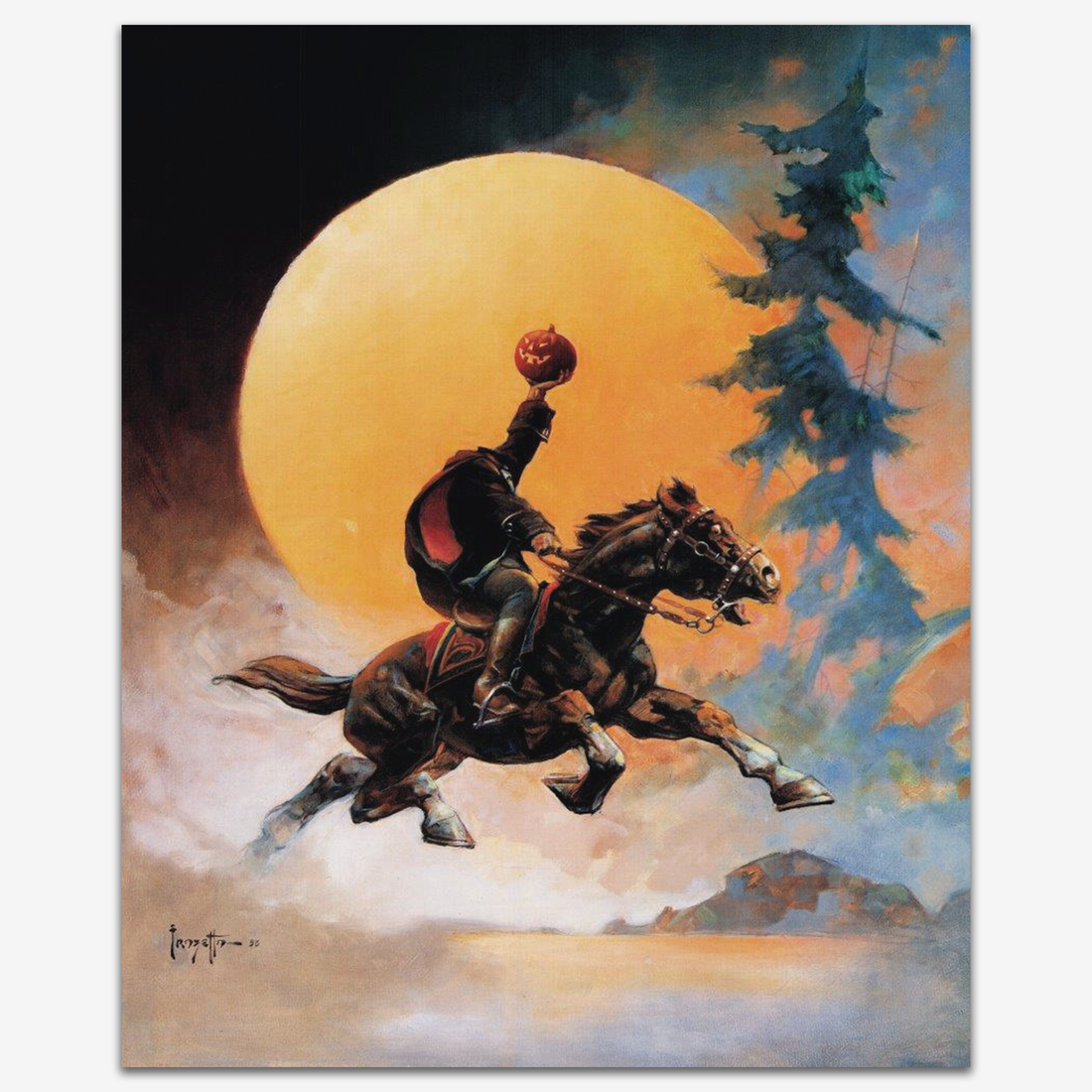 Vintage print of &quot;Headless Horseman II&quot; by Frank Frazetta, depicting the spectral rider galloping under a massive full moon, printed on high-quality linen paper.