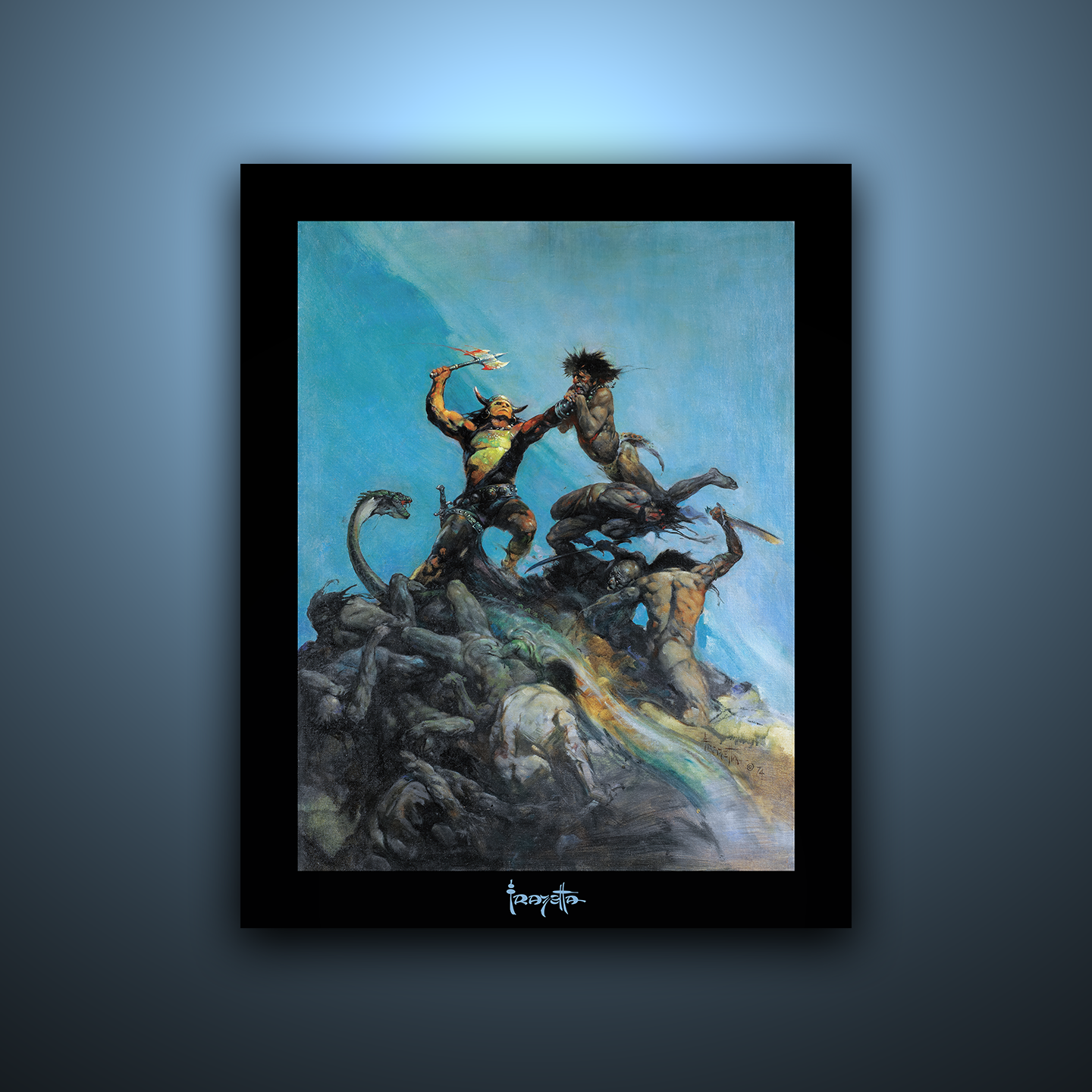 Gallery Series print of &quot;Indomitable&quot; by Frank Frazetta, unframed, capturing raw power and dramatic action.