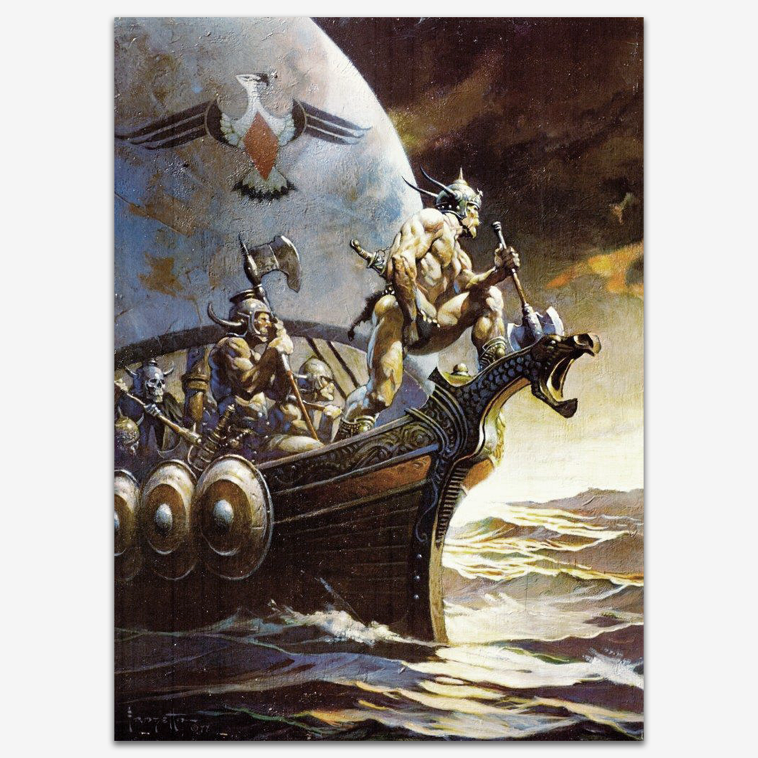 Vintage print of Kane on the Golden Sea by Frank Frazetta, depicting a dramatic scene of warriors aboard a wooden ship, sailing under a moonlit sky while engaging in a fierce battle.