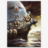 Vintage print of Kane on the Golden Sea by Frank Frazetta, depicting a dramatic scene of warriors aboard a wooden ship, sailing under a moonlit sky while engaging in a fierce battle.
