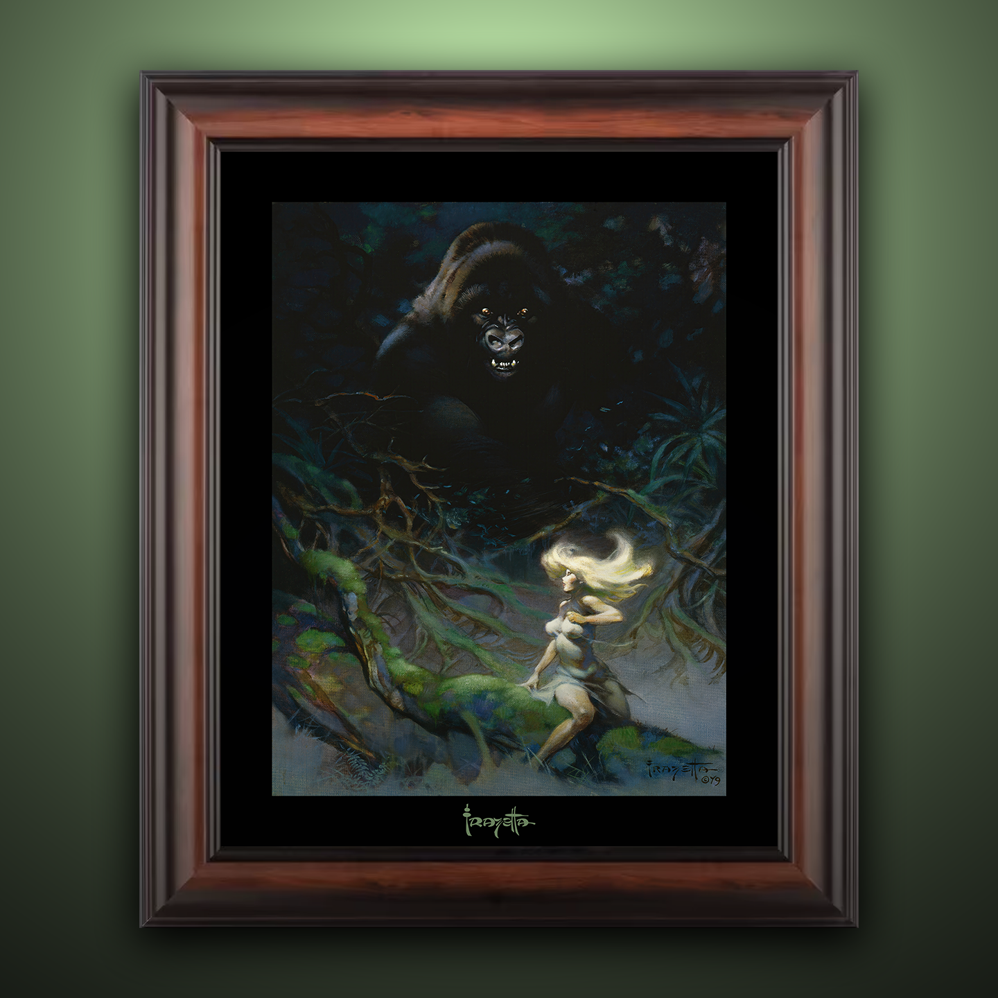 Framed Gallery Series print of &quot;King Kong&quot; by Frank Frazetta, emphasizing dynamic composition with black 1.5&quot; matting.