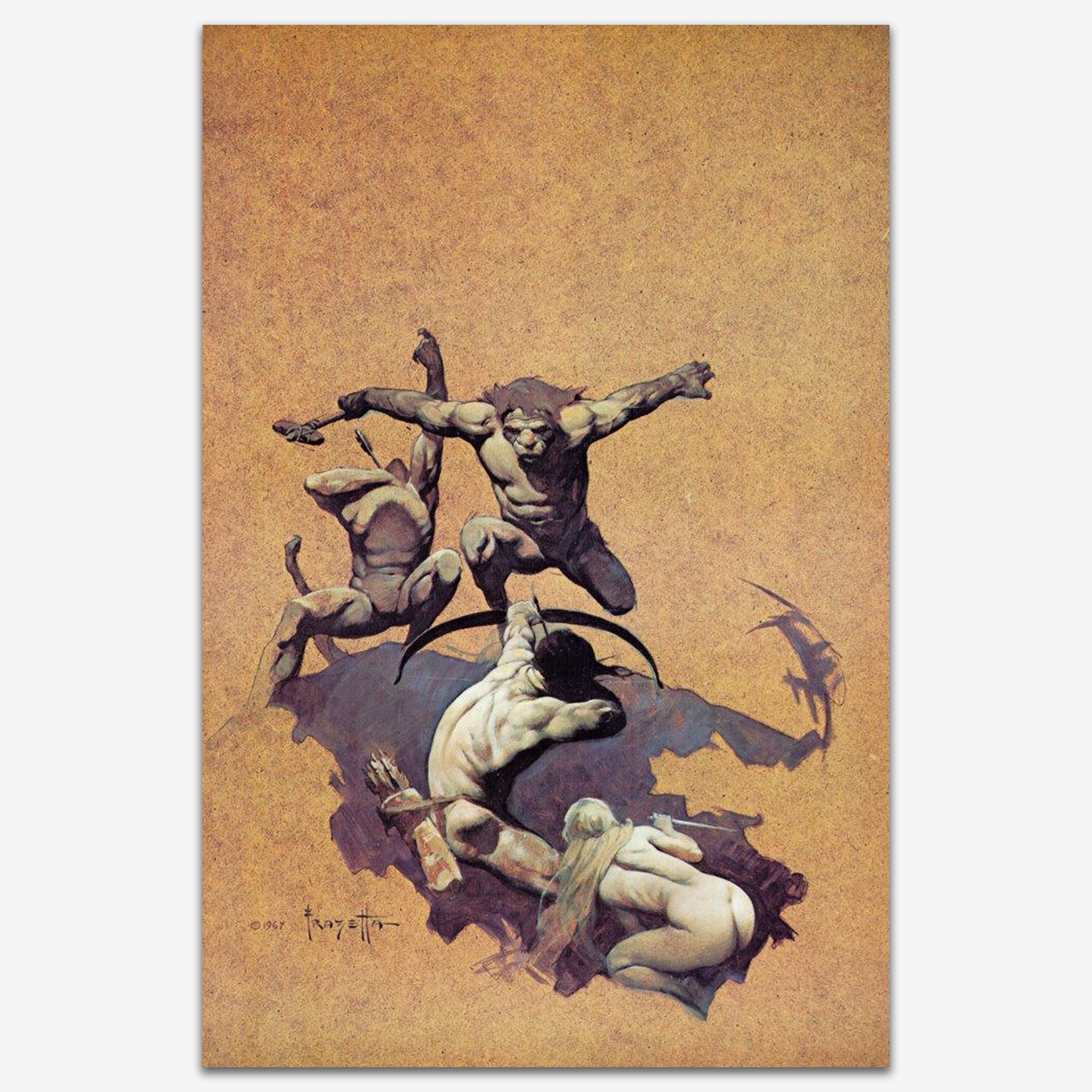 Vintage print of Land of Terror by Frank Frazetta, showcasing a dark, atmospheric world filled with monstrous creatures and dangerous landscapes.