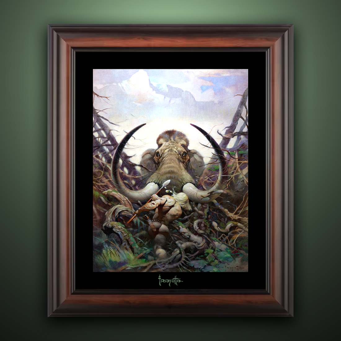Framed Gallery Series print of &quot;Mammoth&quot; by Frank Frazetta, emphasizing epic scale and dynamic visuals with black 1.5&quot; matting.