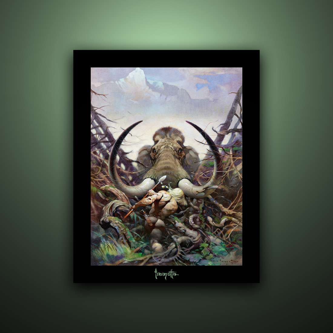 Gallery Series print of &quot;Mammoth&quot; by Frank Frazetta, unframed, showcasing intense action and monumental scale.