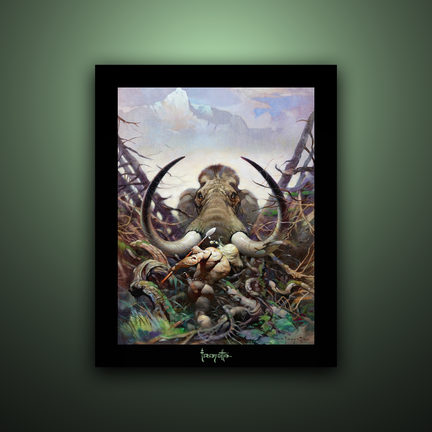Gallery Series print of &quot;Mammoth&quot; by Frank Frazetta, unframed, showcasing intense action and monumental scale.