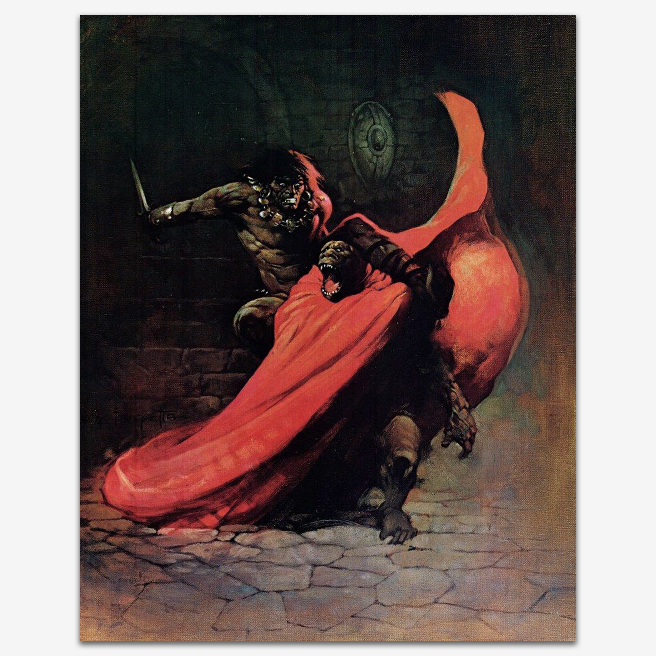 Vintage print of &quot;Man-Ape&quot; by Frank Frazetta, depicting a powerful, primal warrior in a dramatic red cape, lunging forward with a weapon in hand, exuding raw strength and intensity, printed on high-quality linen paper.