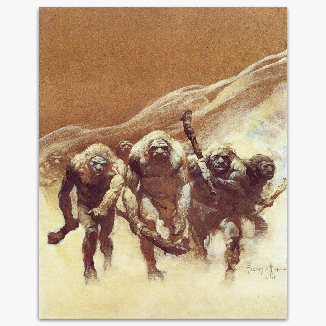 Vintage print of Neanderthal by Frank Frazetta, depicting a group of powerful, primitive warriors charging forward, set against a rugged and prehistoric backdrop.