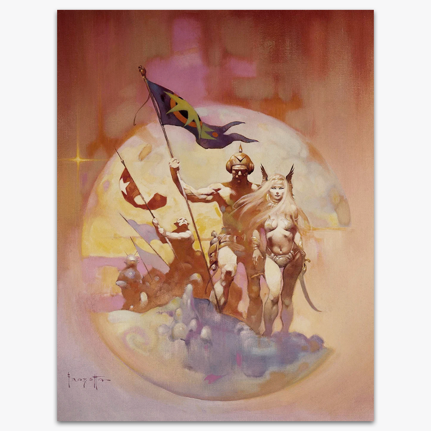 Vintage print of New World by Frank Frazetta, capturing explorers encountering new terrain amidst a dynamic, colorful landscape.