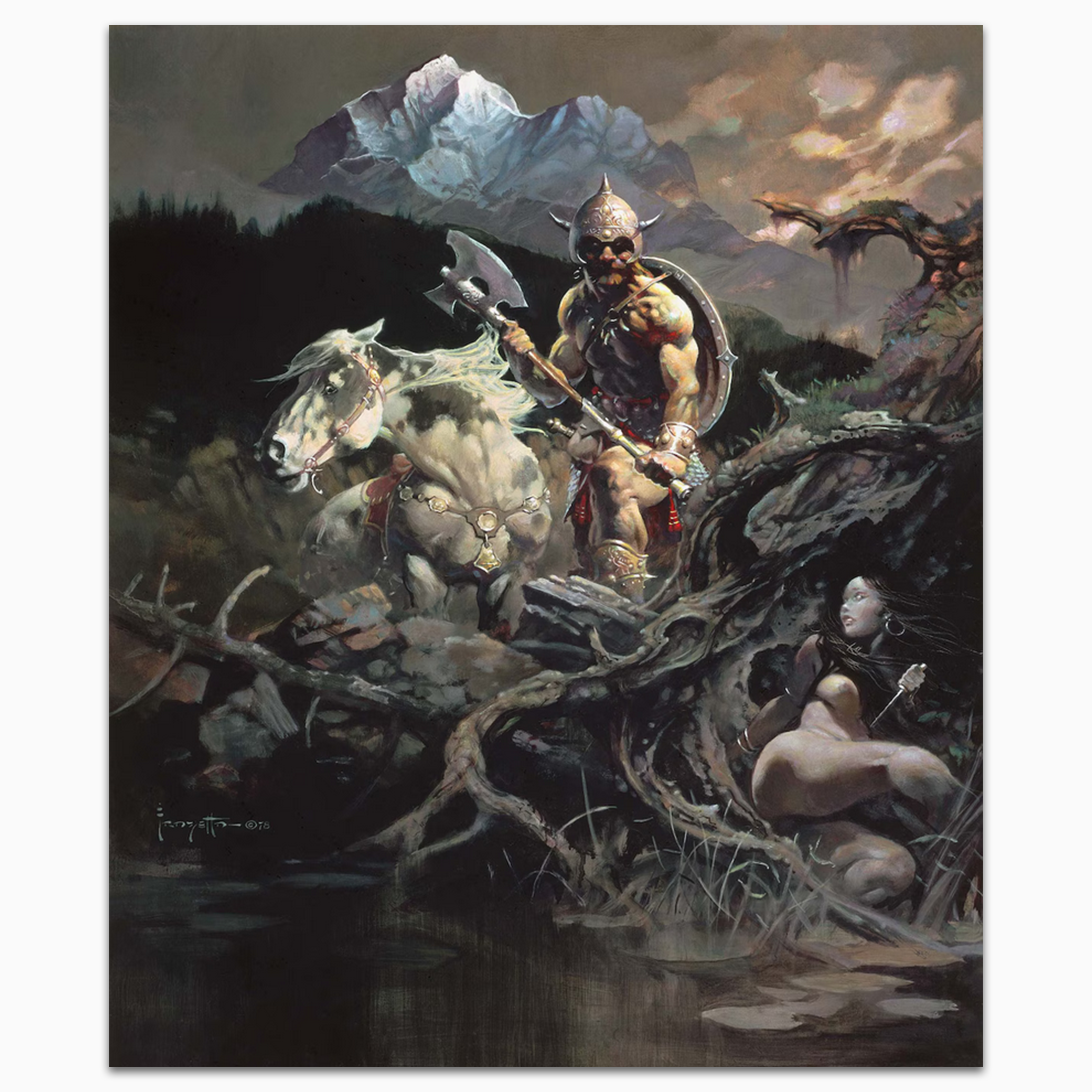 Vintage print of Night Winds by Frank Frazetta, depicting a lone warrior and his horse, shrouded in mist, riding stalking through a dark and eerie landscape with a haunting atmosphere.