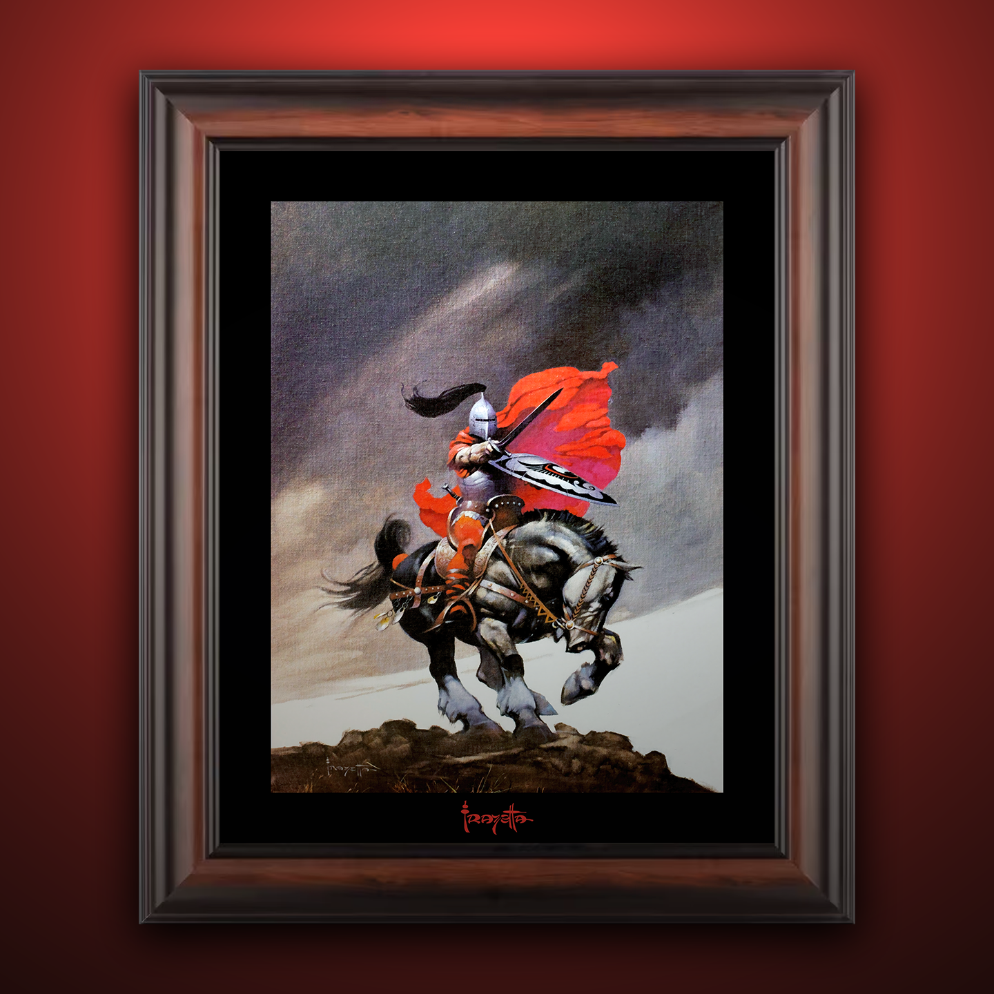 Framed Gallery Series print of &quot;Outlaw of Torn&quot; by Frank Frazetta, highlighting fierce action with black 1.5&quot; matting.