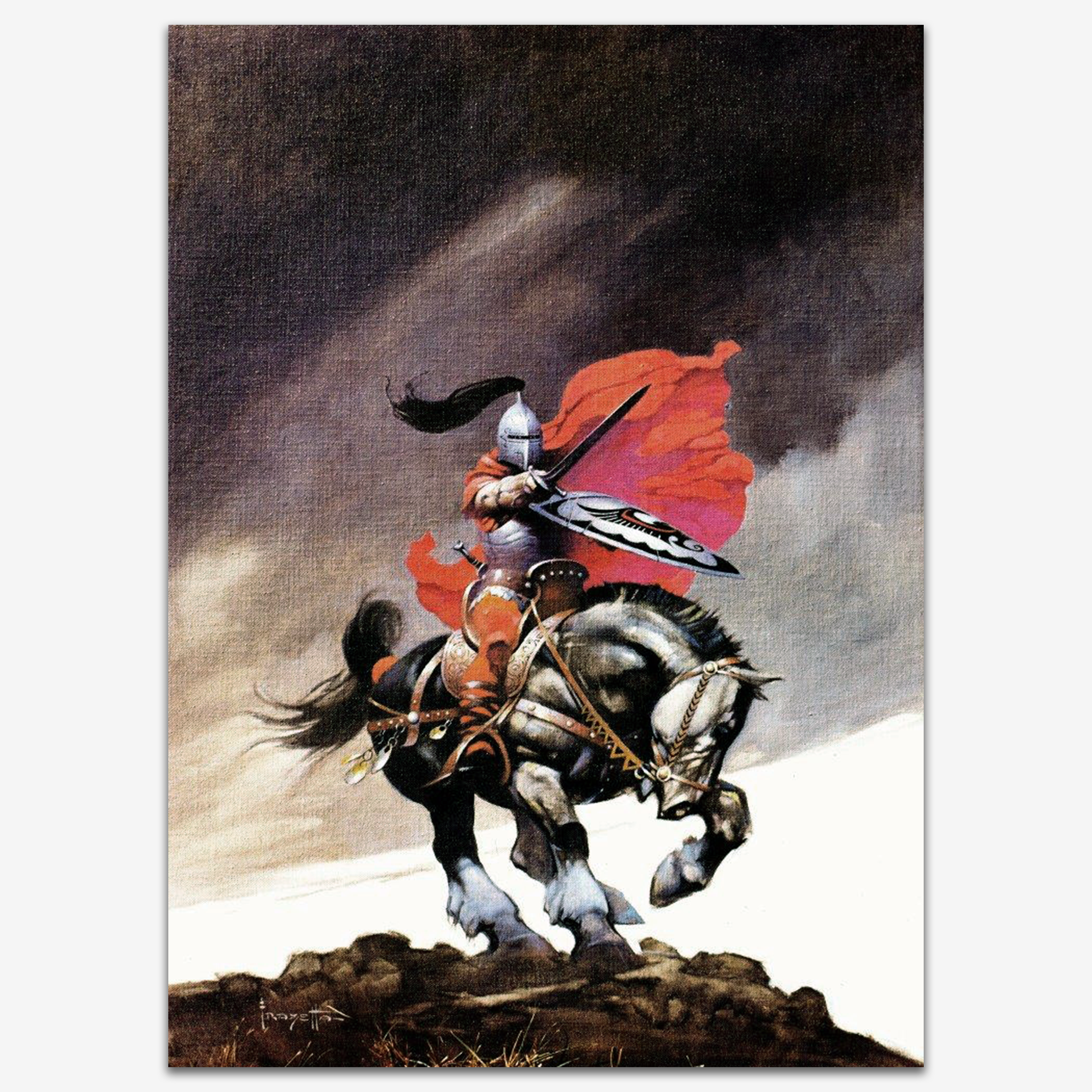 Vintage print of &quot;Outlaw of Torn&quot; by Frank Frazetta, featuring a fierce warrior in armor atop a galloping horse, brandishing a sword against a dramatic, windswept backdrop, printed on high-quality linen paper.