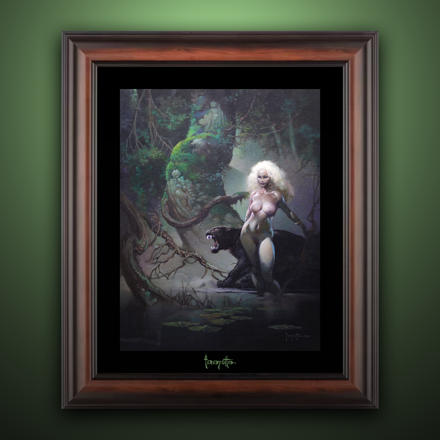 Framed Gallery Series print of &quot;Princess and the Panther&quot; by Frank Frazetta, highlighting its stunning detail with black 1.5&quot; matting.