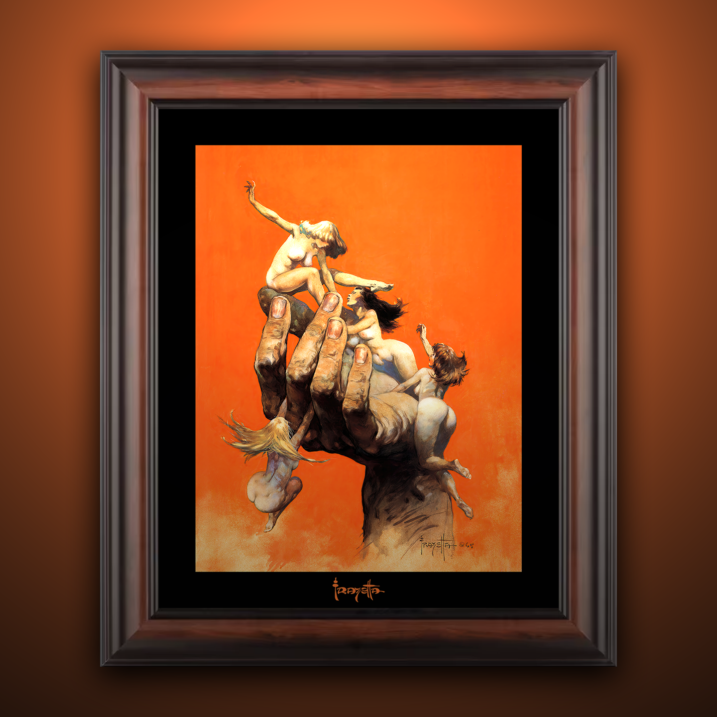 Framed Gallery Series print of &quot;Reassembled Man&quot; by Frank Frazetta, emphasizing action and strength with black 1.5&quot; matting.